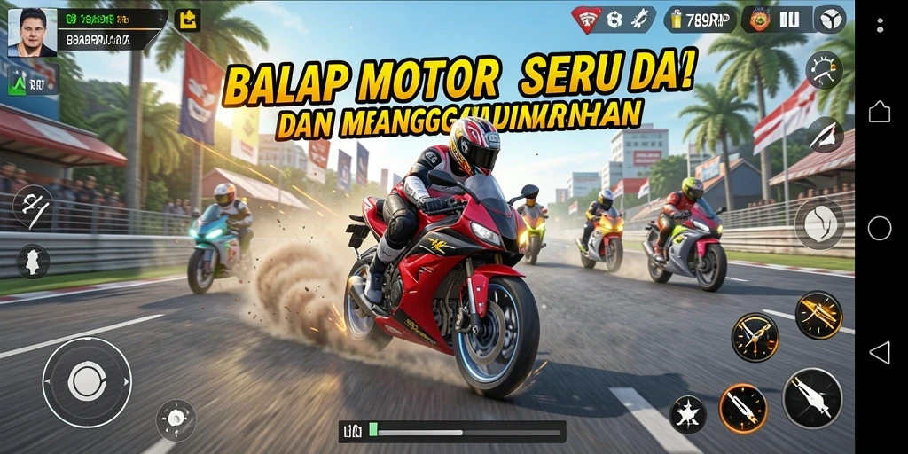 Tangkapan layar menunjukkan aksi balapan motor yang mendebarkan di 789RP.