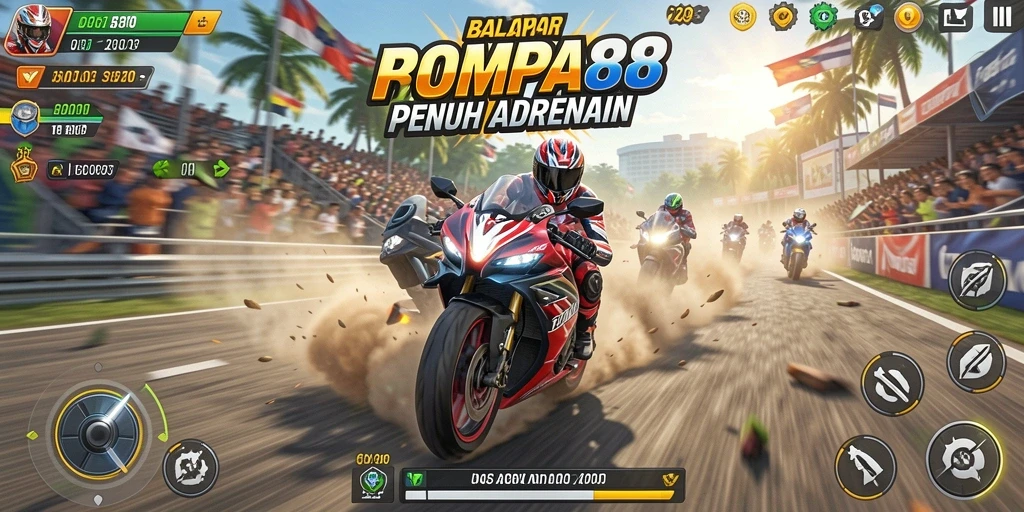 Screenshot gameplay POMPA88 menampilkan balapan motor yang penuh aksi.