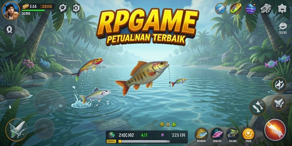 Screenshot menunjukkan pemain menangkap ikan di lokasi yang menakjubkan.