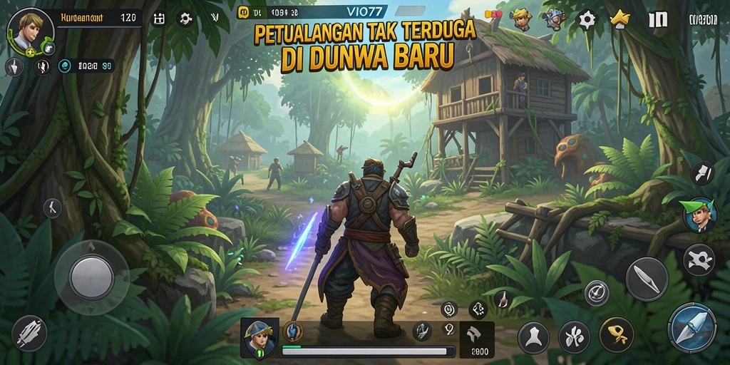 Tangkapan layar utama VIO77 menampilkan pemain yang menjelajahi hutan misterius.